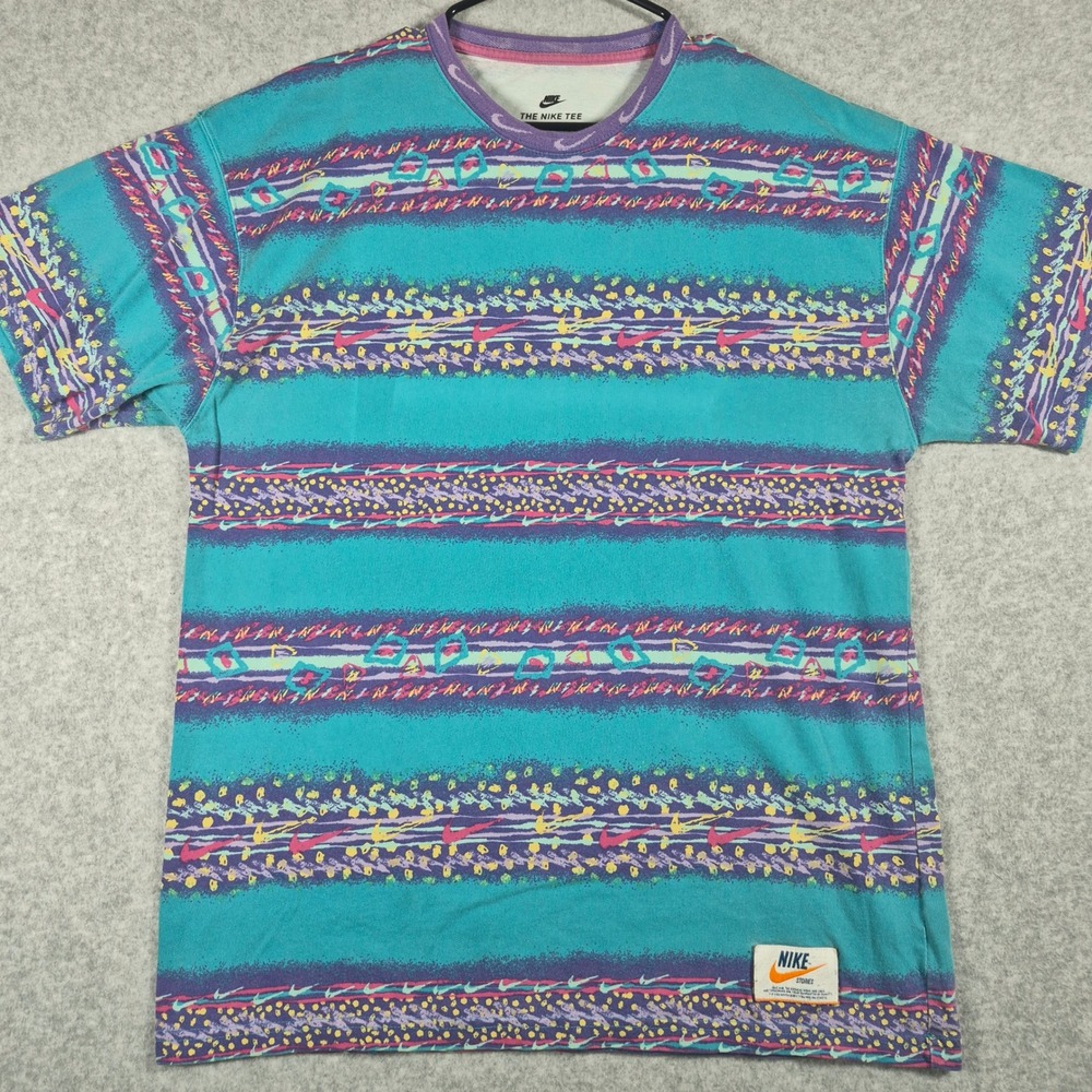 Nike T-Shirt Mens Medium Teal Multicolor Stories Retro All Over Print Tee